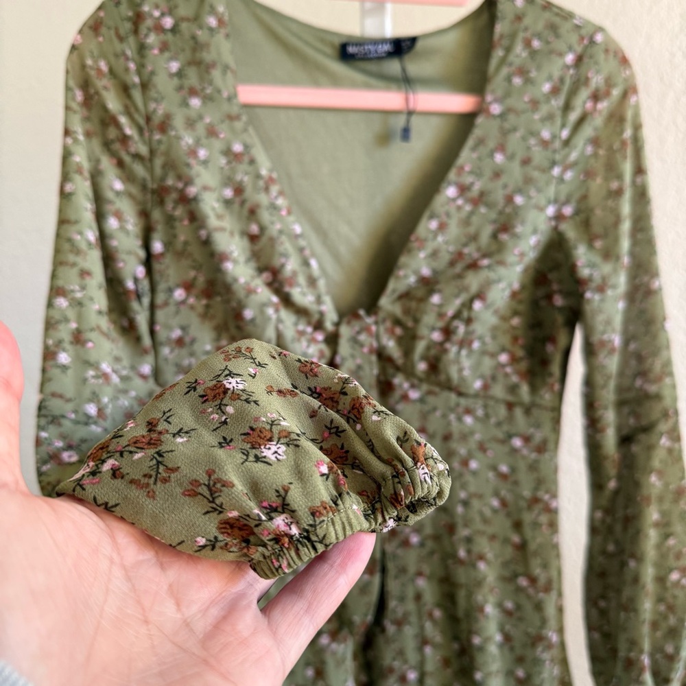 Nasty Gal Olive Floral Long Sleeve Midi Dress w/ Slits Size 6 Cottagecore Boho - Picture 3 of 12